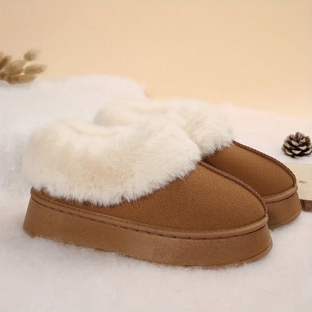 Dark Brown Casual Women's Thick Flat Suede Shearling Slippers - Picture 3 of 5